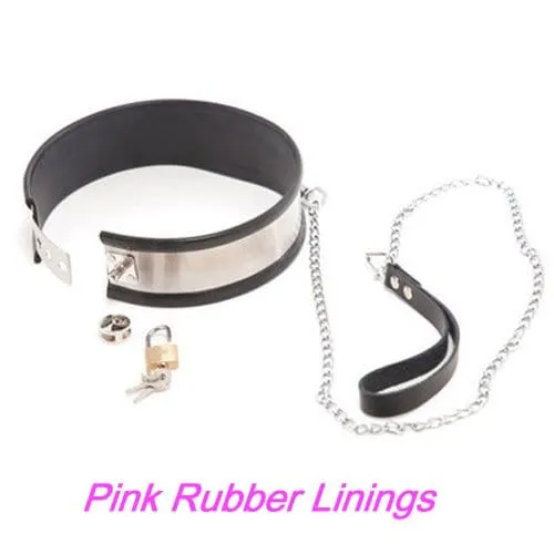 0262M  5-Piece Stainless Steel Collar, Cuffs & Leash Bondage Set with Pink Rubber Lining