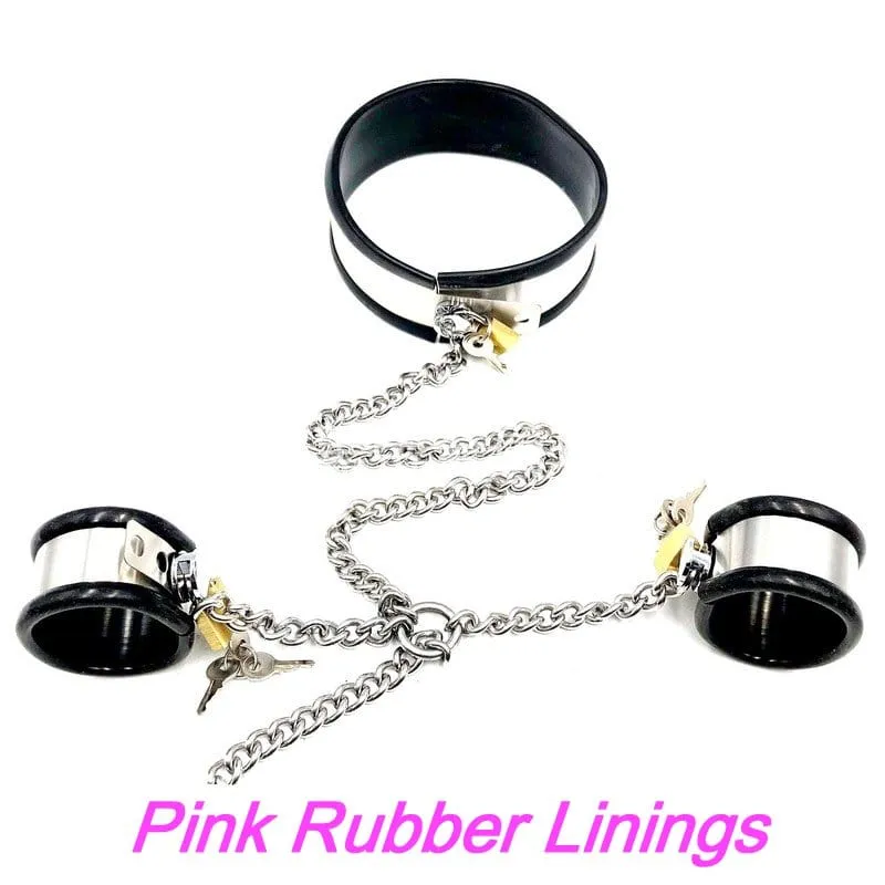 0262M  5-Piece Stainless Steel Collar, Cuffs & Leash Bondage Set with Pink Rubber Lining