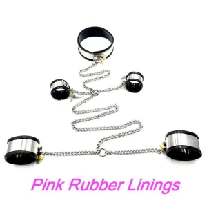 0262M  5-Piece Stainless Steel Collar, Cuffs & Leash Bondage Set with Pink Rubber Lining