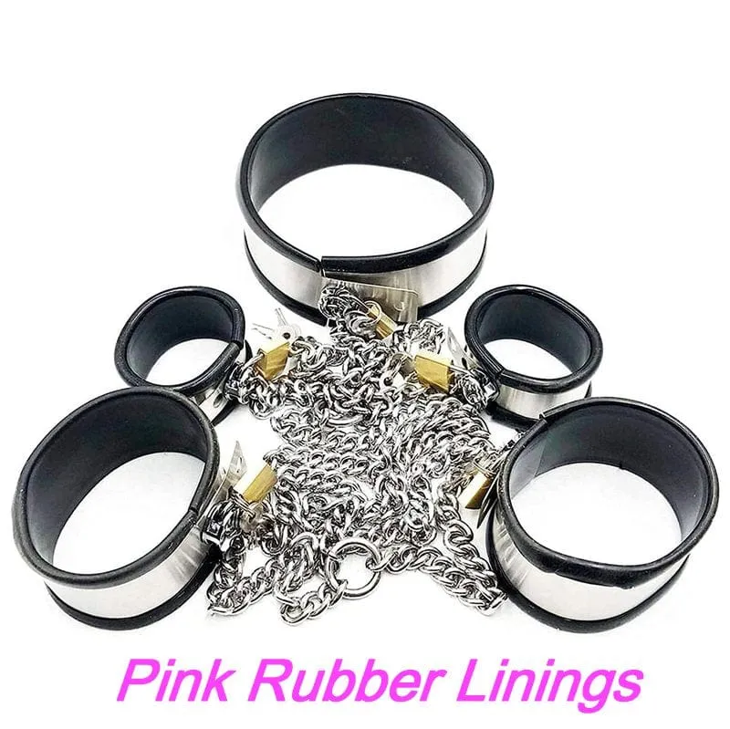 0262M  5-Piece Stainless Steel Collar, Cuffs & Leash Bondage Set with Pink Rubber Lining