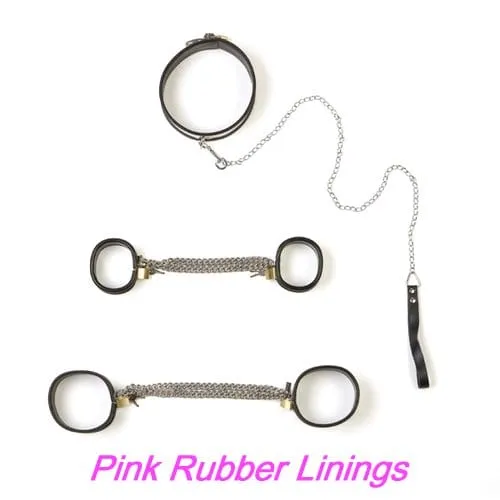 0262M  5-Piece Stainless Steel Collar, Cuffs & Leash Bondage Set with Pink Rubber Lining