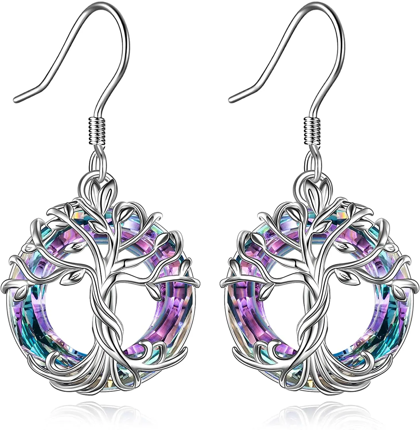 14K White Gold Crystal Tree of Life Drop Earring