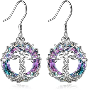 14K White Gold Crystal Tree of Life Drop Earring