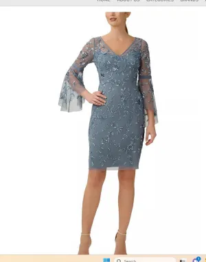 Adrianna Papell  Style No: AP1E210197 V-Neck Circular Sleeve Zipper Back Embellished Mesh Dress