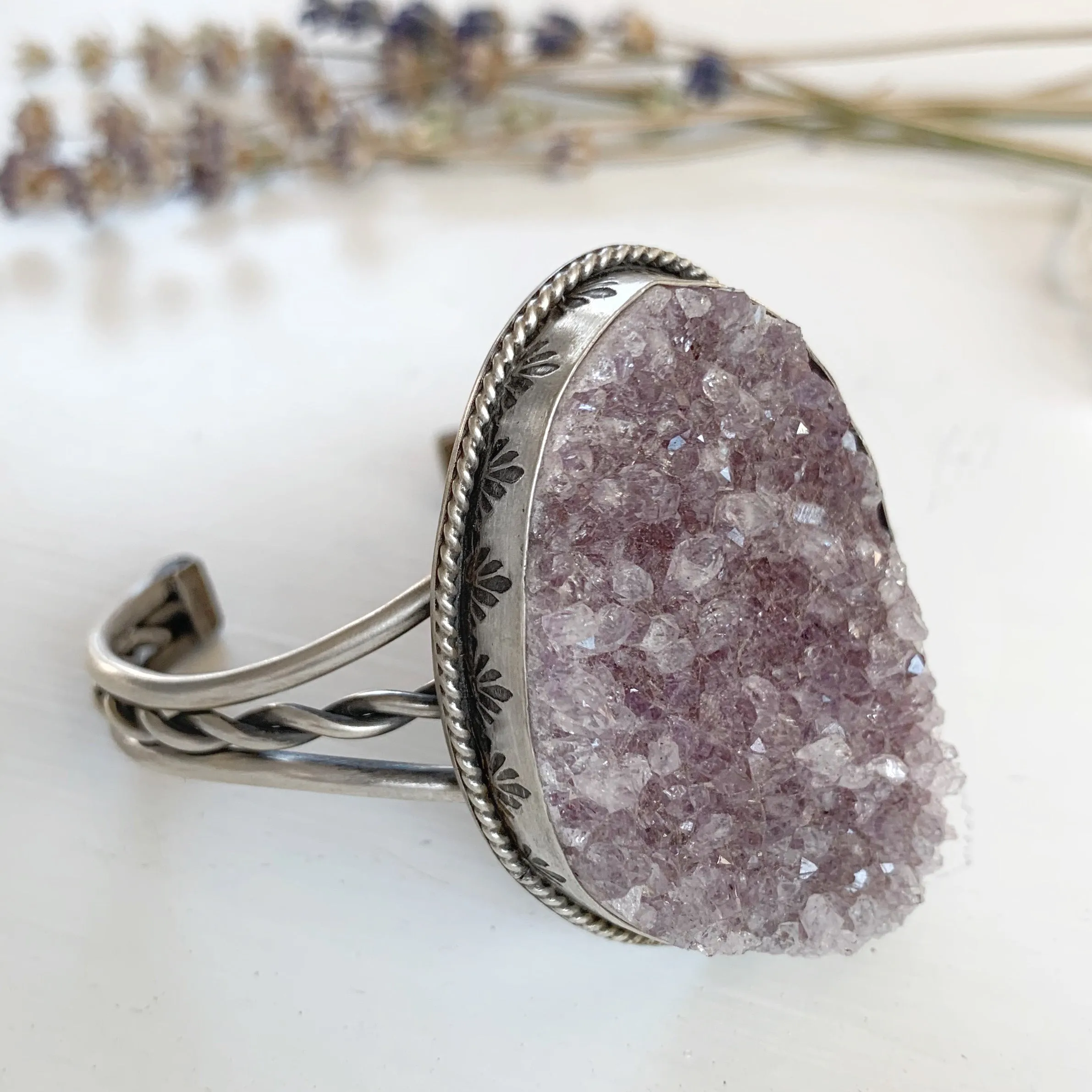 Amethyst druzy cuff with stamped bezel