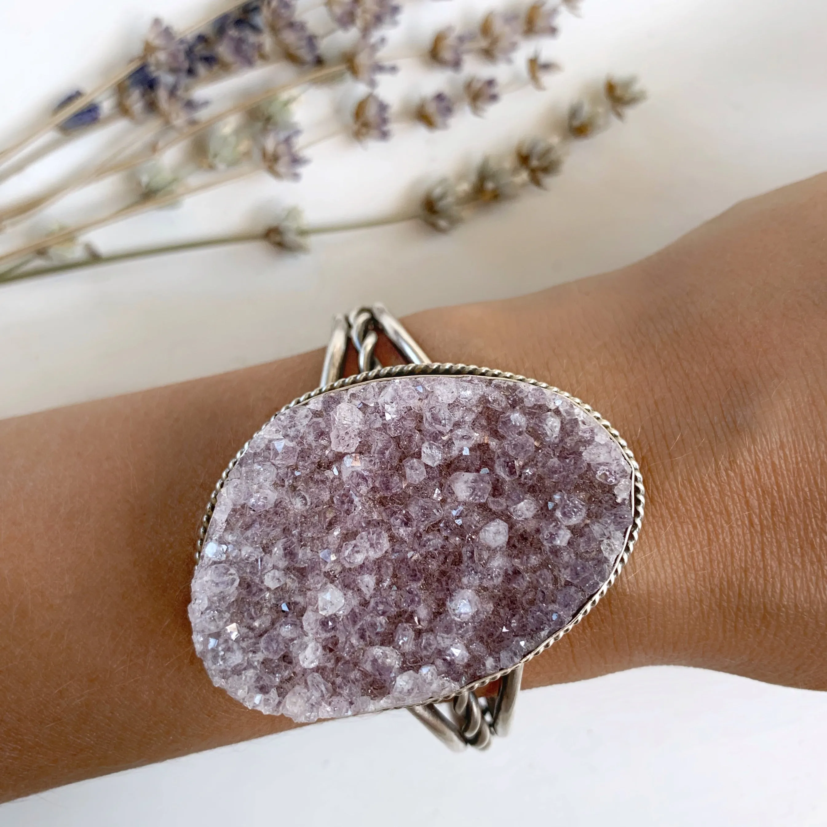 Amethyst druzy cuff with stamped bezel