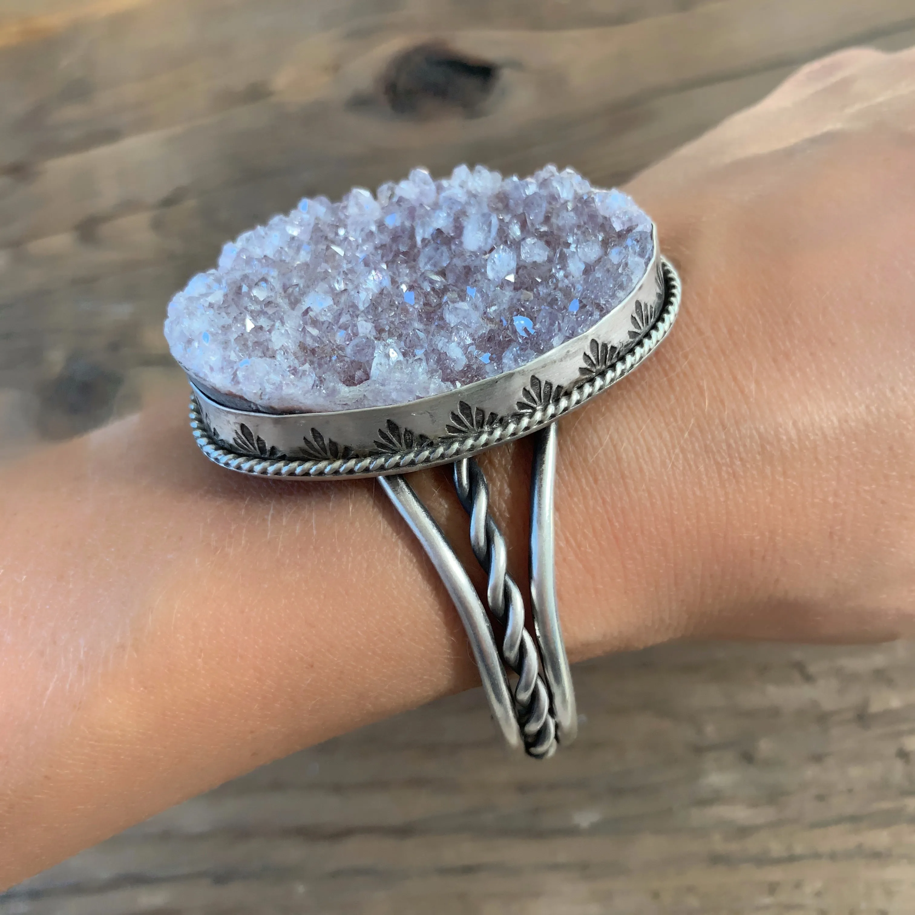 Amethyst druzy cuff with stamped bezel