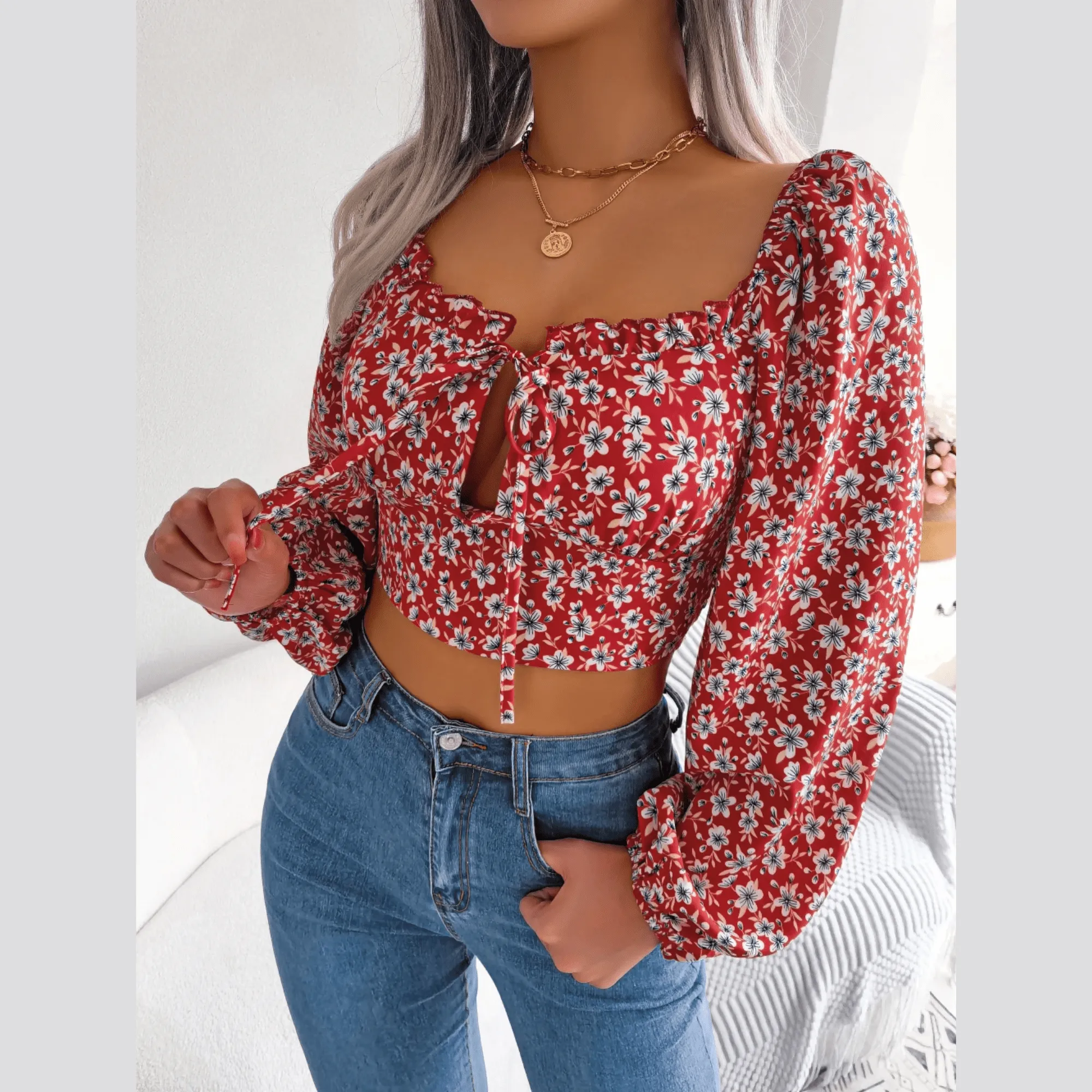 Anita - Red Floral Print Chiffon Crop Top