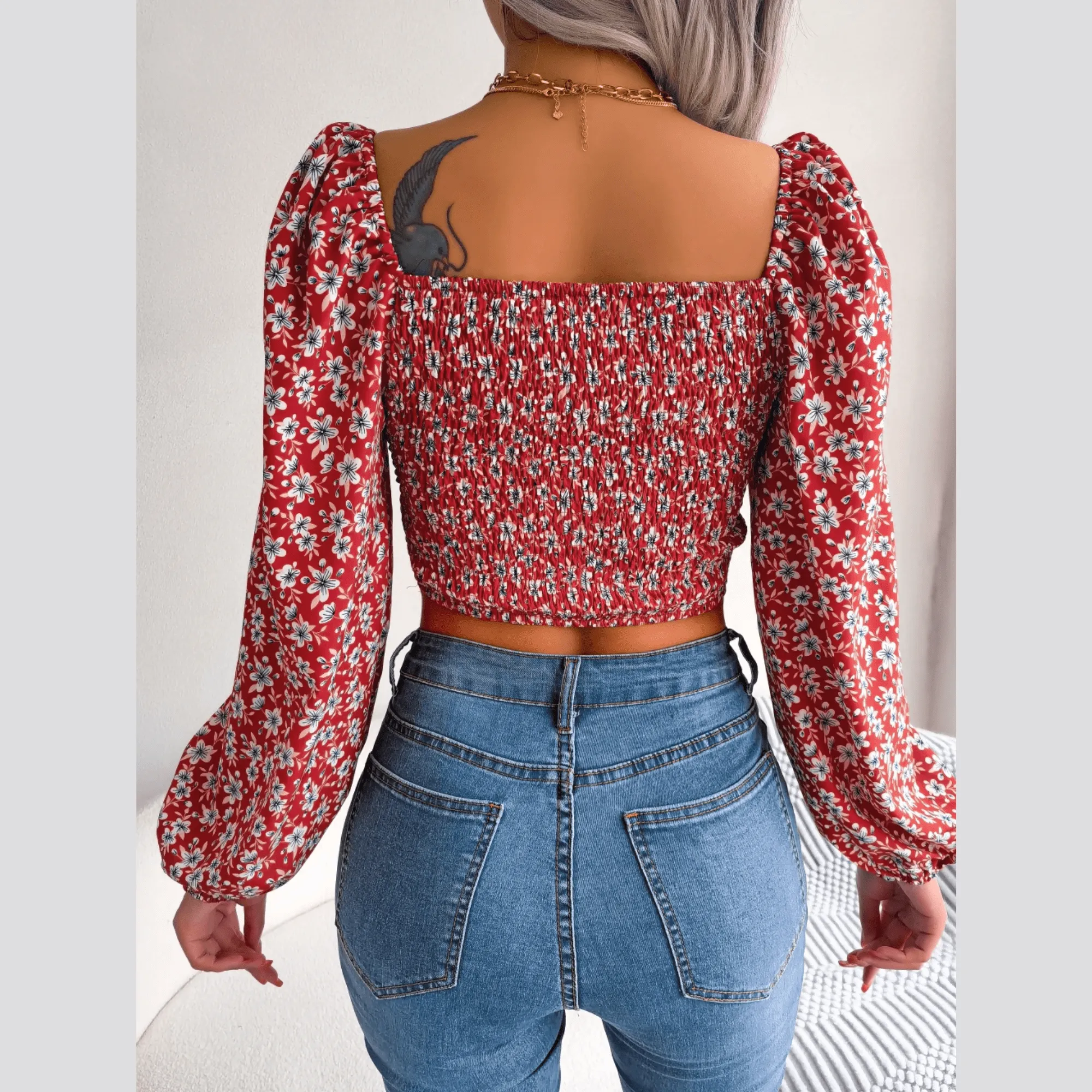 Anita - Red Floral Print Chiffon Crop Top