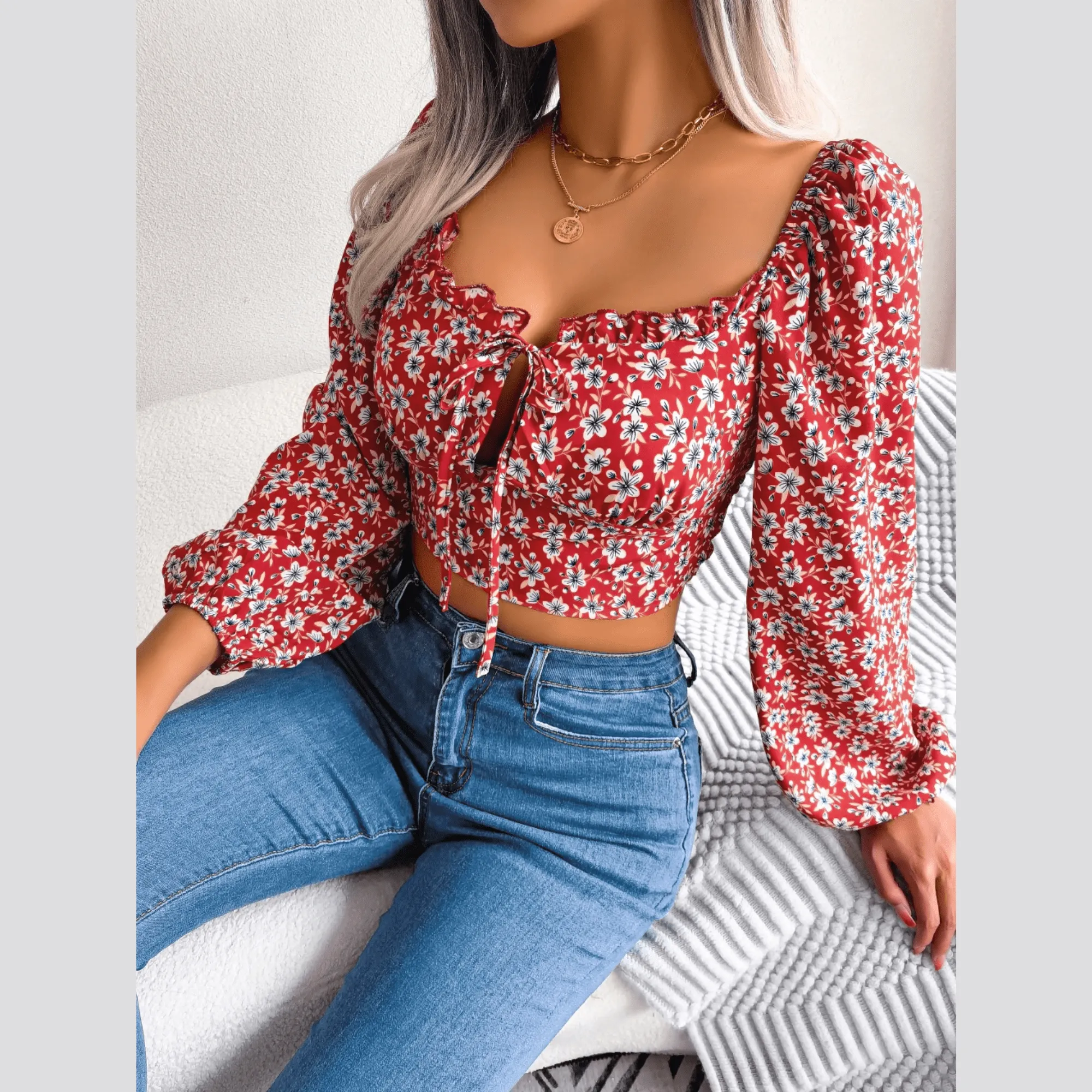 Anita - Red Floral Print Chiffon Crop Top