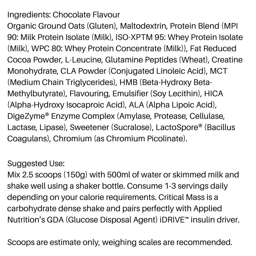 Applied Critical Mass Professional Lean Mass Gainer (per 60g scoop 17g Protein, 30g Carbs, 226 Calorie) HALAL