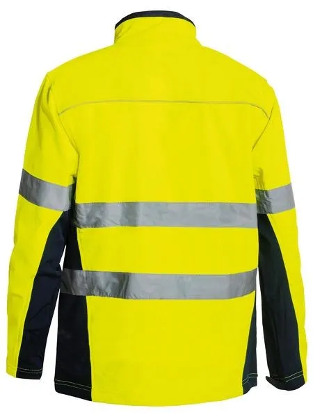 BISLEY MENS SOFT SHELL HI VIS JACKET - COMFORT PLUS, SHOWERPROOF, REFLECTIVE TAPE NAVY ARM PANEL