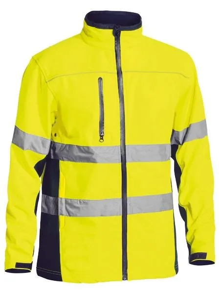 BISLEY MENS SOFT SHELL HI VIS JACKET - COMFORT PLUS, SHOWERPROOF, REFLECTIVE TAPE NAVY ARM PANEL
