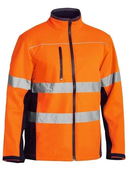BISLEY MENS SOFT SHELL HI VIS JACKET - COMFORT PLUS, SHOWERPROOF, REFLECTIVE TAPE NAVY ARM PANEL