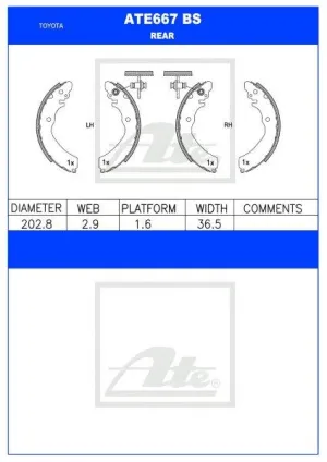 Brake Shoes Toyota Avanza 1.3,1.5 (2006 ) Ate667Bs Ate