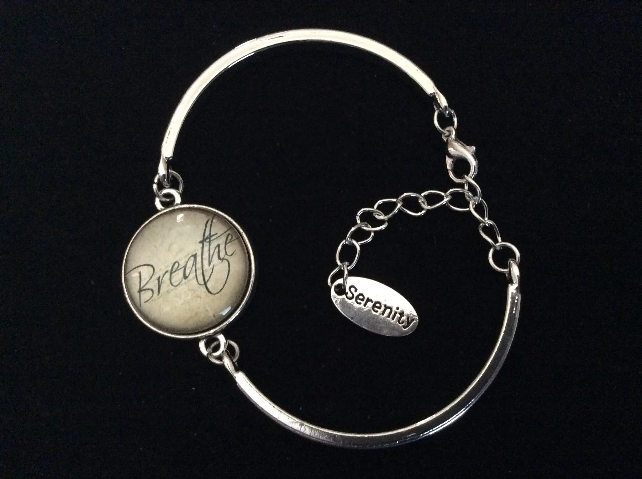 Breathe in Serenity Glass Domed Charm and Silver Stamped Serenity Tag Charm on a Silver Adjustable Cuff Bracelet Bangle Trendy Gift Meaningful Stacking