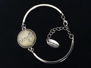 Breathe in Serenity Glass Domed Charm and Silver Stamped Serenity Tag Charm on a Silver Adjustable Cuff Bracelet Bangle Trendy Gift Meaningful Stacking