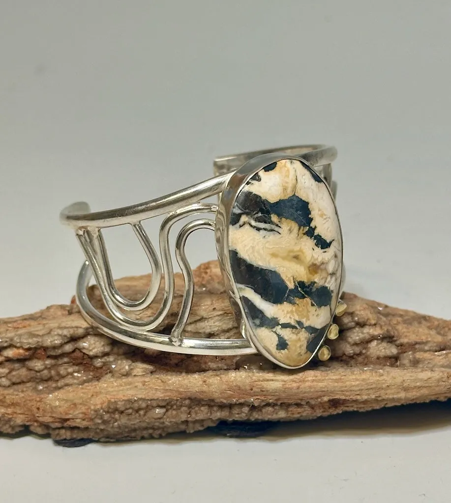 BUFFALO TURQUOISE AND STERLING SILVER CUFF WITH 22K DOTS