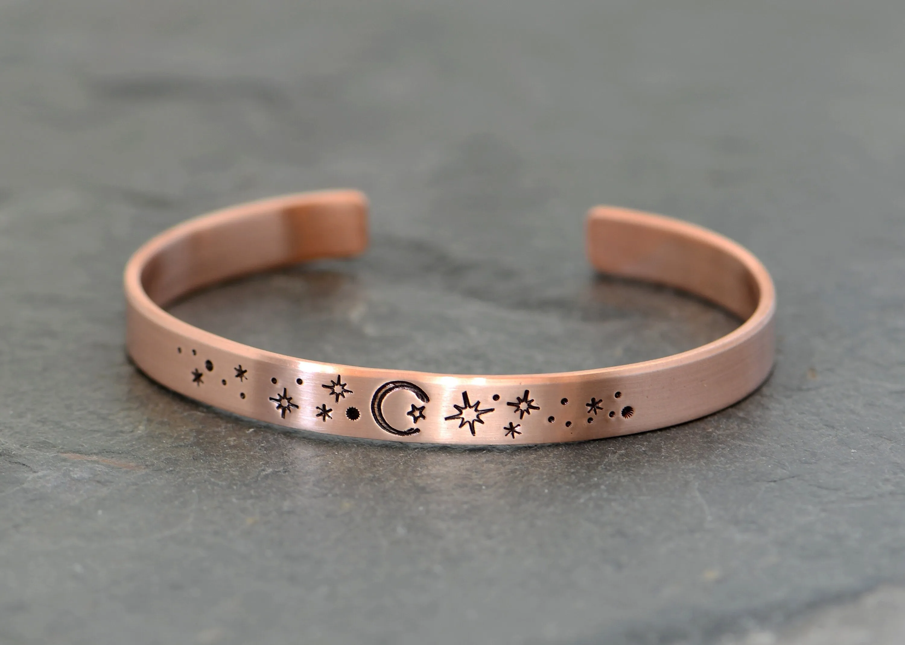 copper cuff bracelet with stars and moon - brushed finish - hand stamped