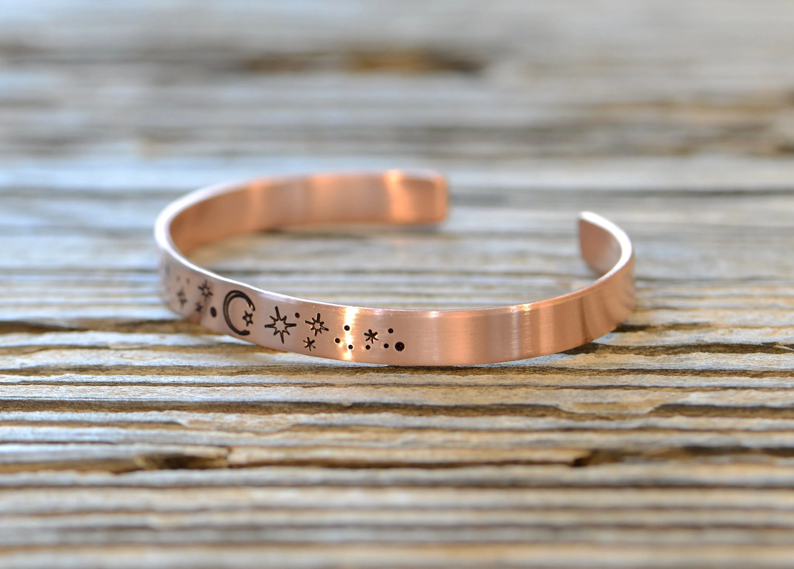 copper cuff bracelet with stars and moon - brushed finish - hand stamped