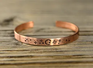 copper cuff bracelet with stars and moon - brushed finish - hand stamped