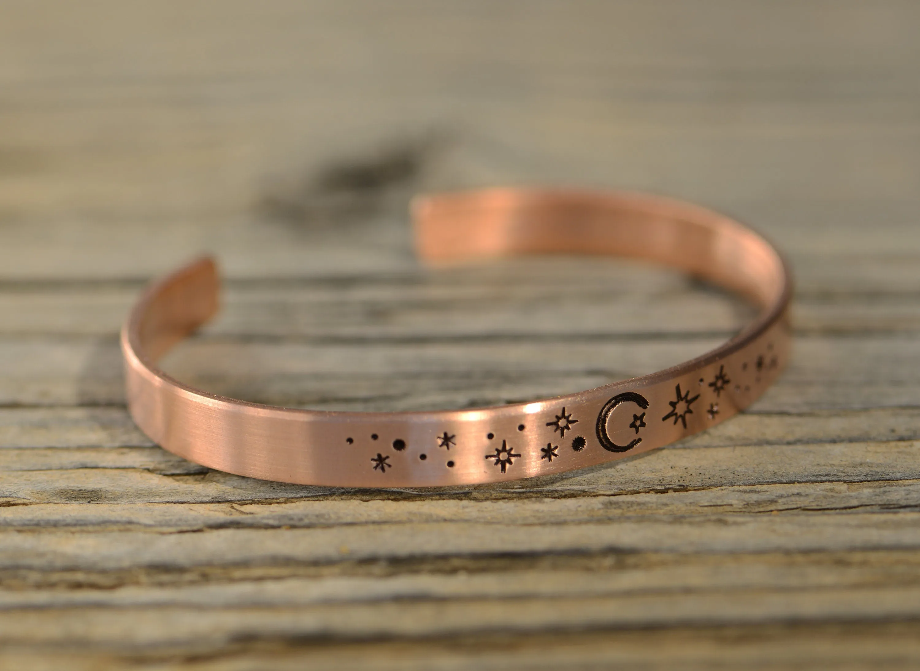 copper cuff bracelet with stars and moon - brushed finish - hand stamped
