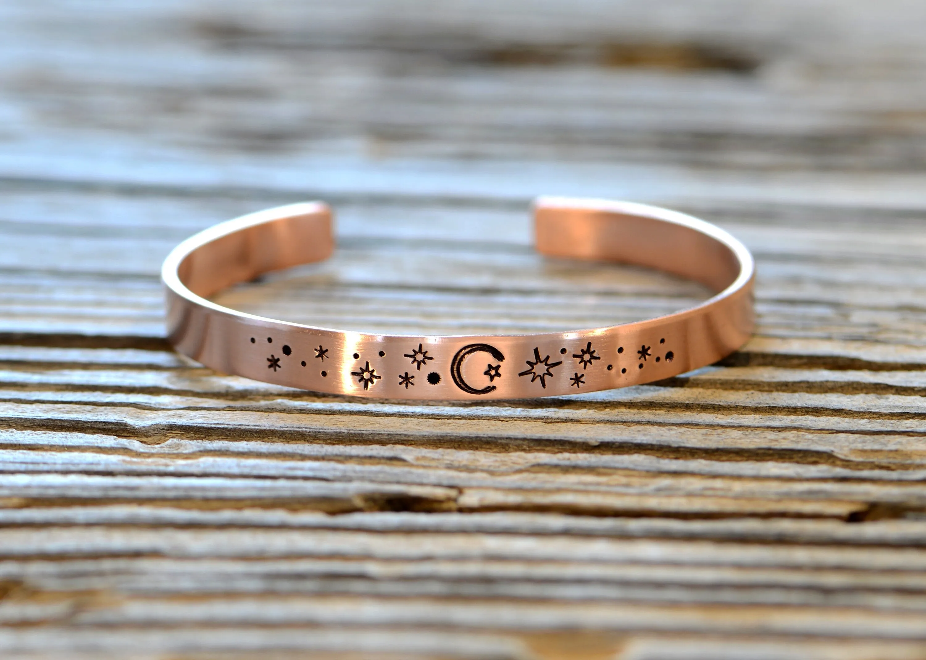 copper cuff bracelet with stars and moon - brushed finish - hand stamped