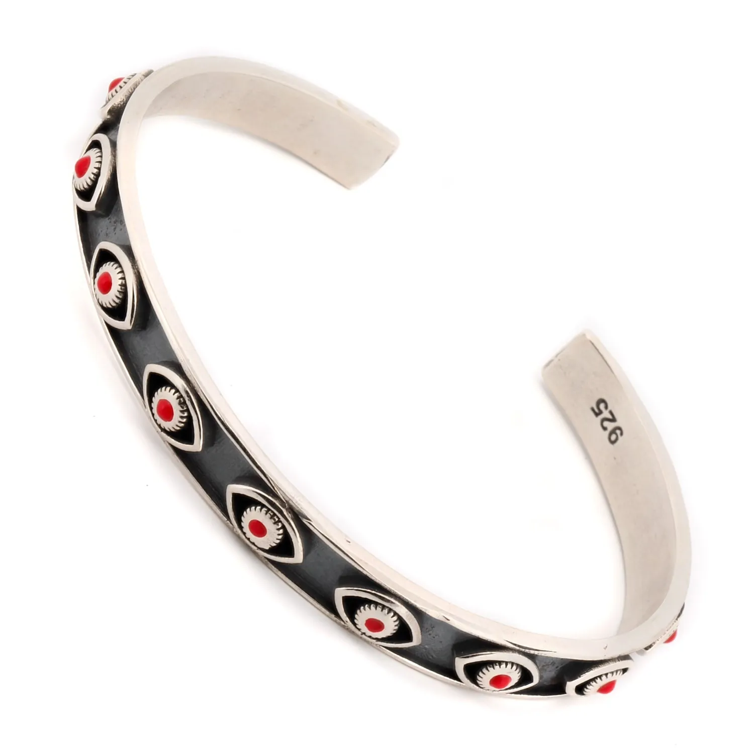 Coral Evil Eye Sterling Silver Cuff Bracelet