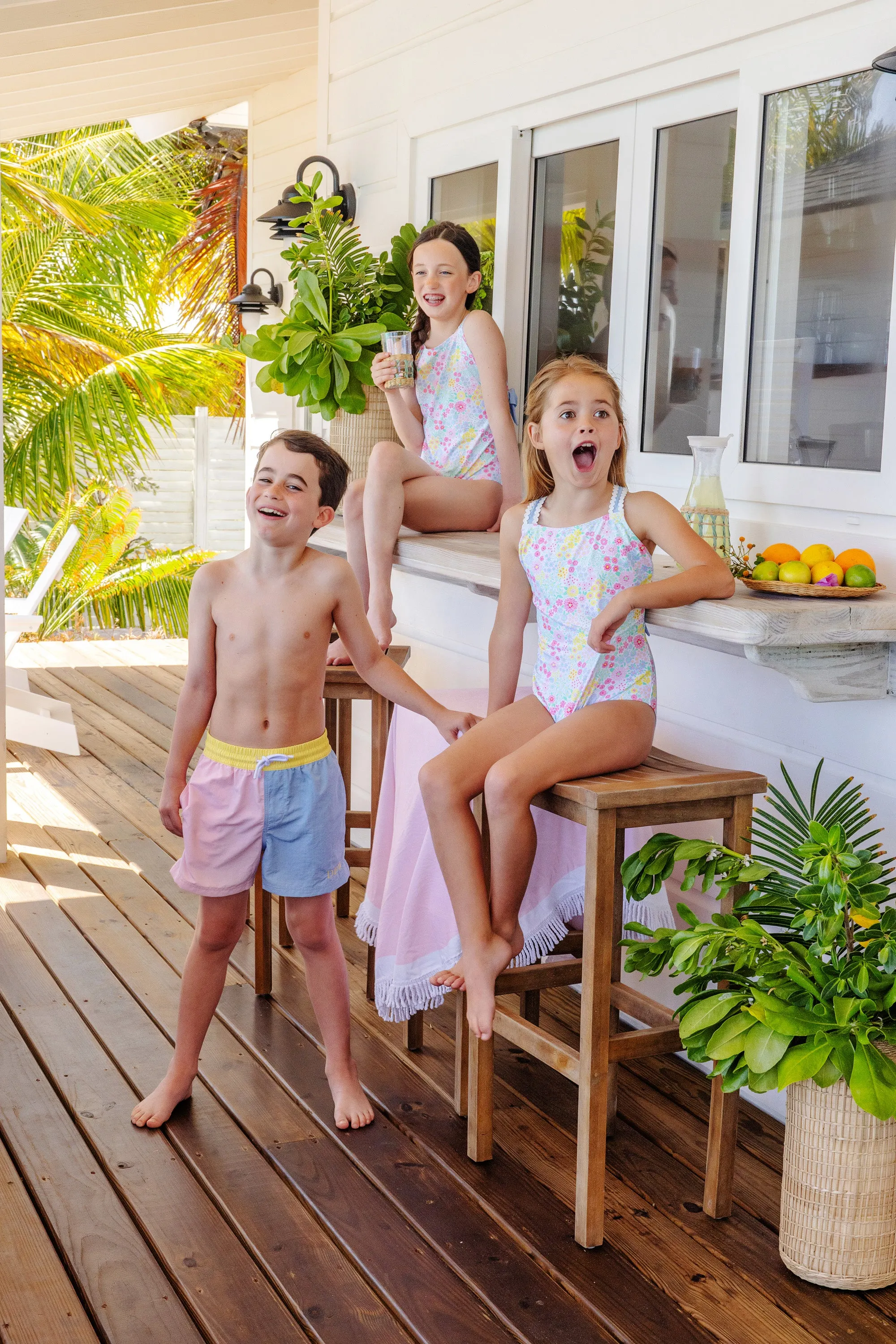 Country Club Colorblock Trunks - Pastel Perfection with Worth Avenue White Stork