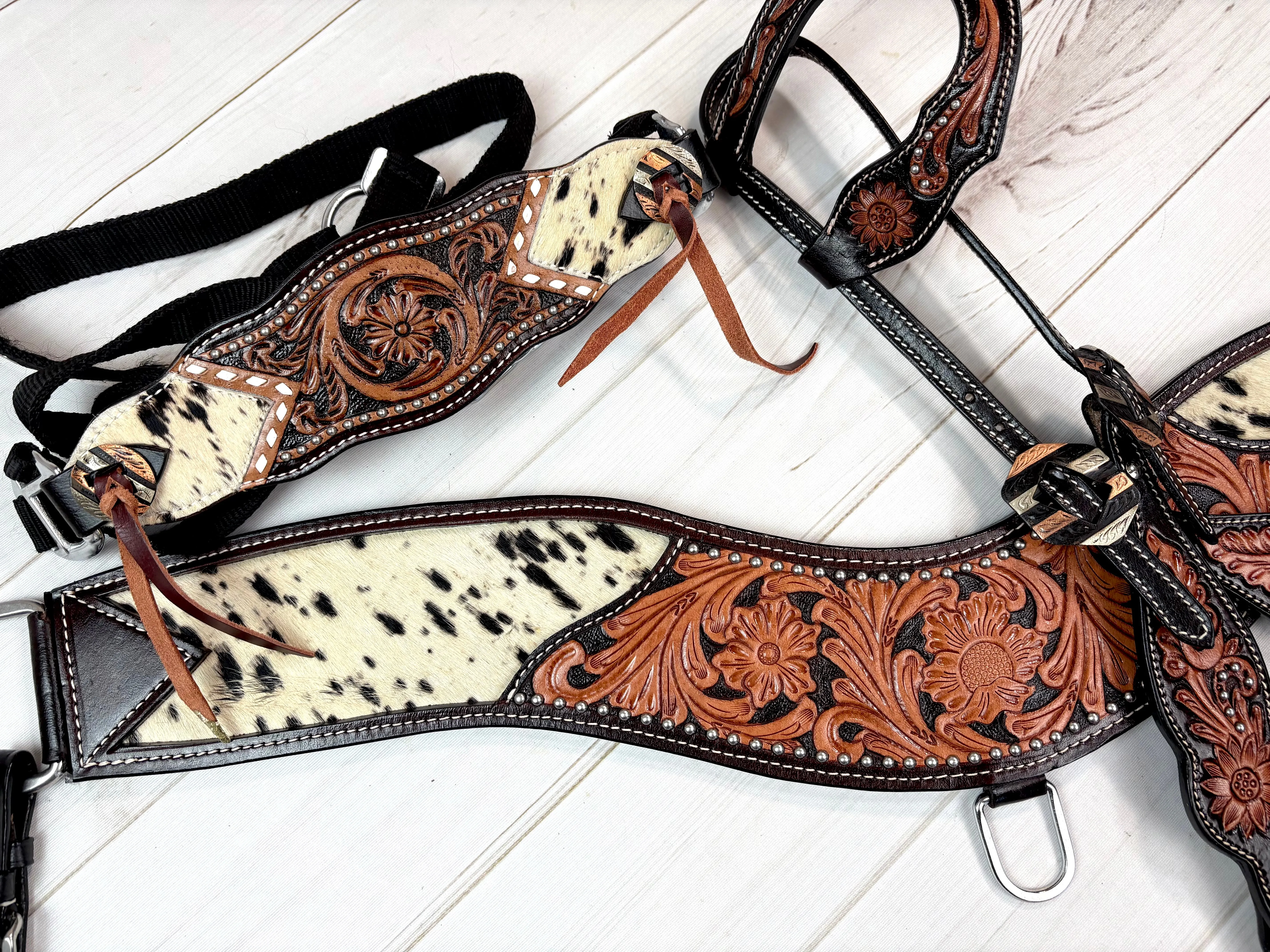 Cowhide with Floral Tooled Studded Tripping Collar