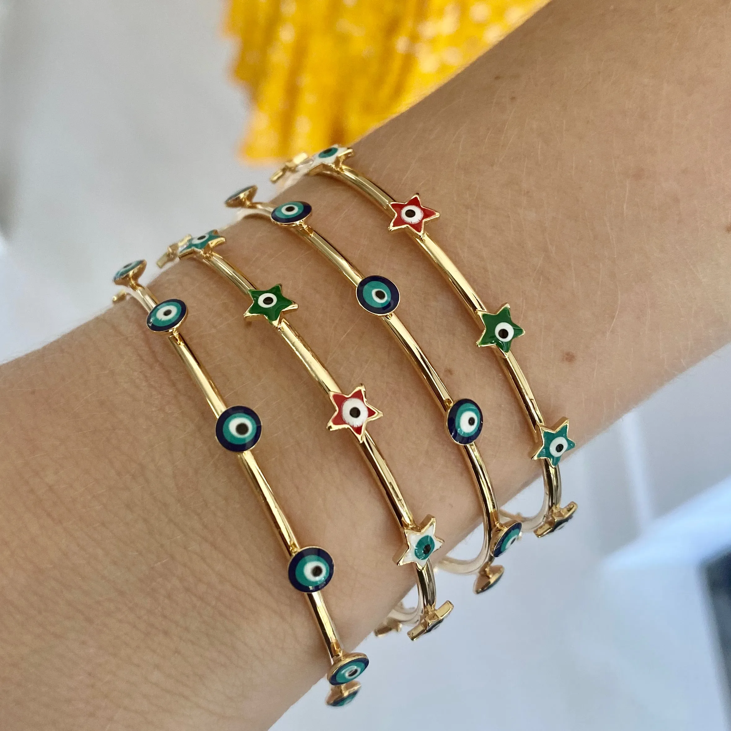 Enamel Evil Eye Cuff Bracelet - Gold