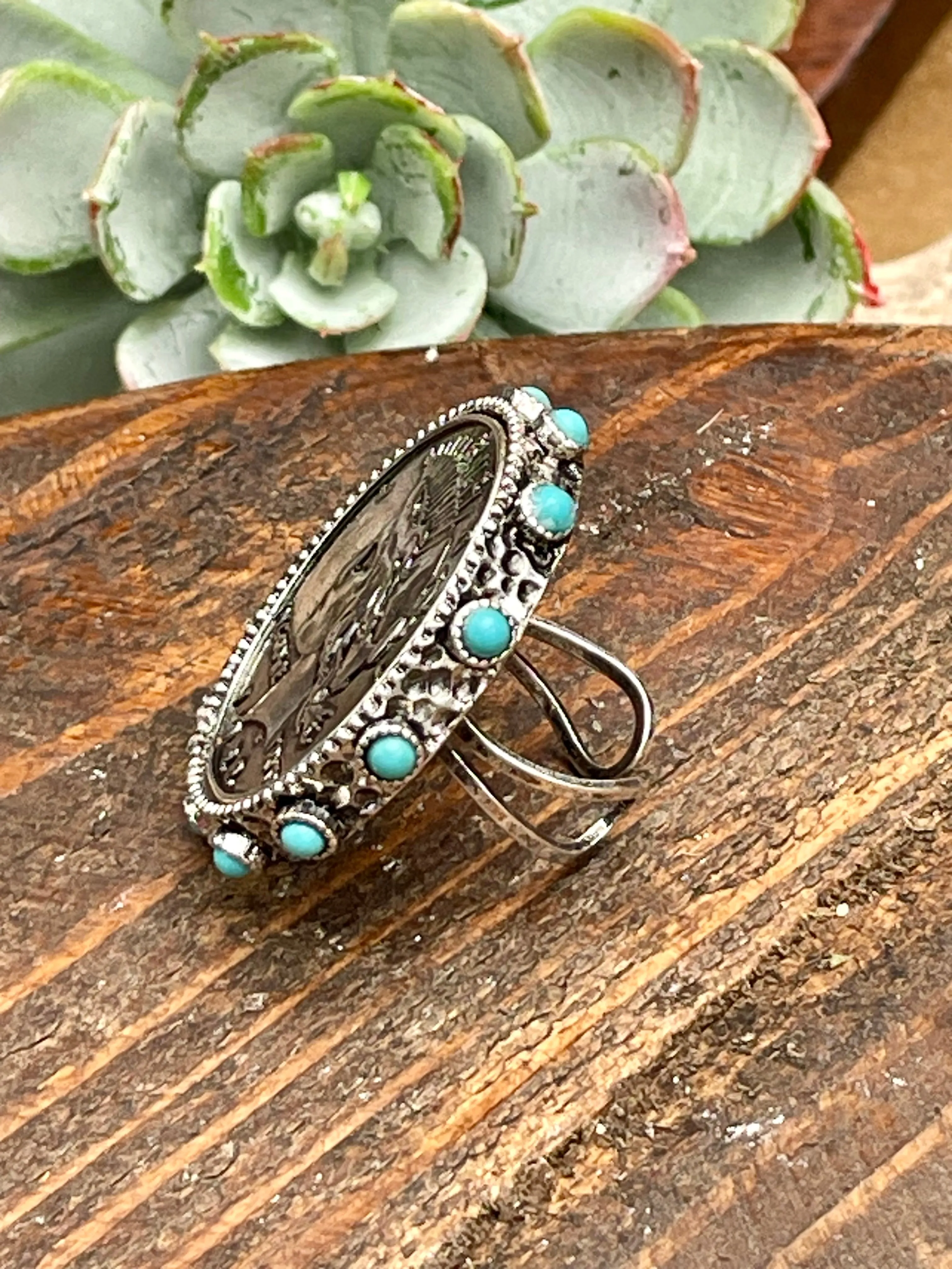 Fanfare Turquoise Edge Liberty Coin Adjustable Ring