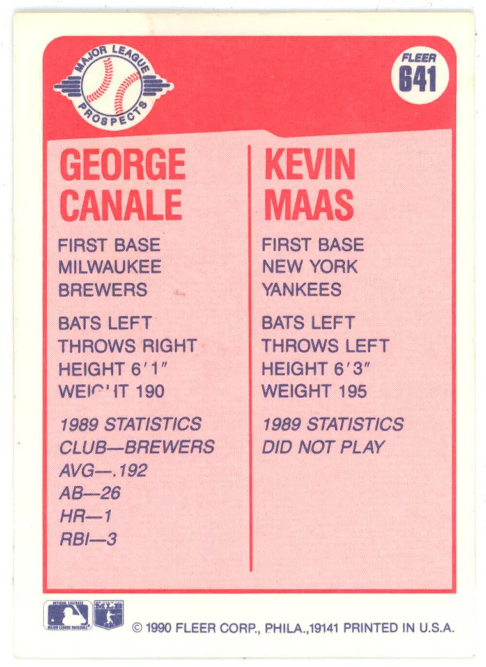 George Canale & Kevin Maas Autographed Yankees/Brewers 1990 Fleer Card 43175