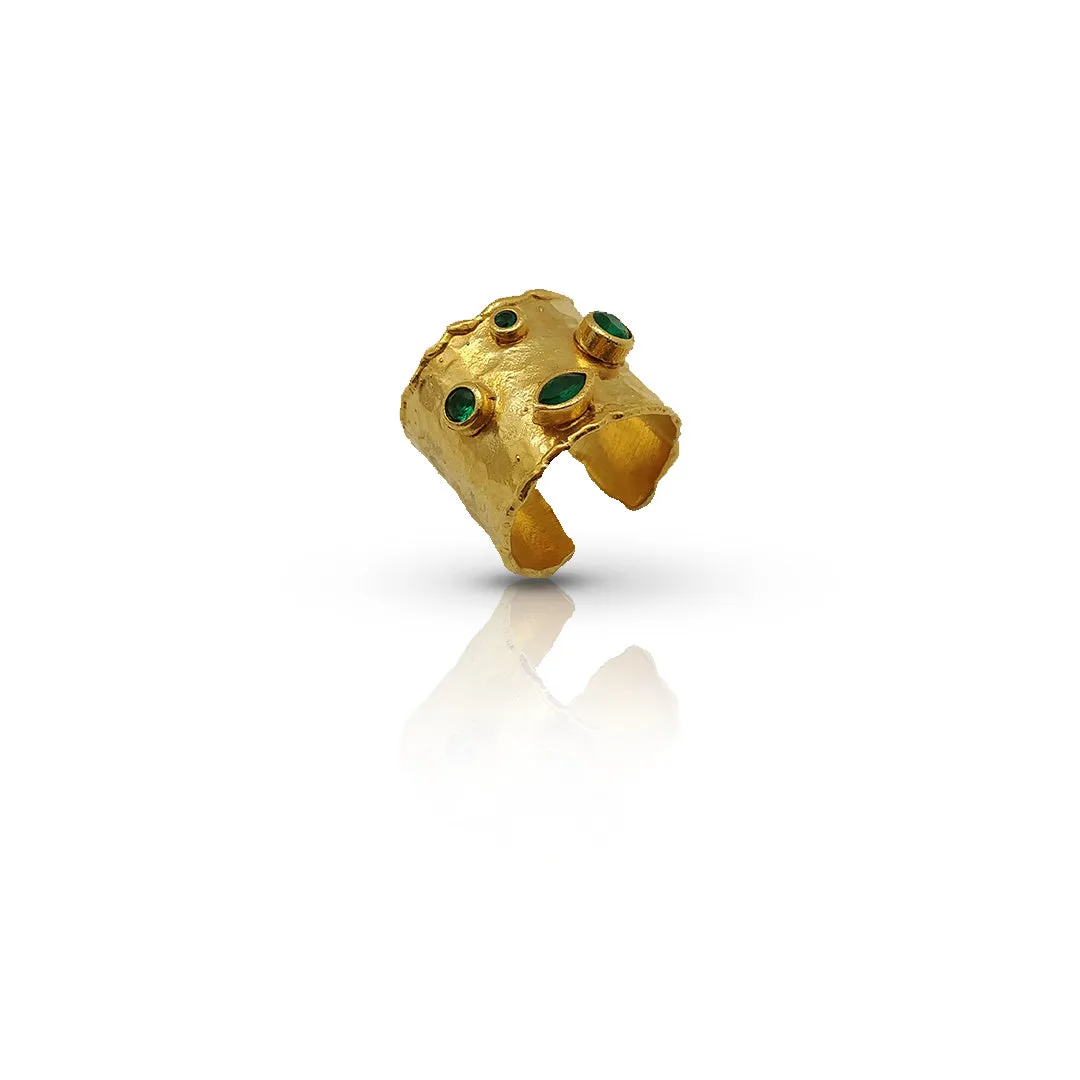 Gold-Plated Cuff Ring with Emerald CZ Stones | Adjustable Handmade Jewelry | Elegant Green Gemstone Ring