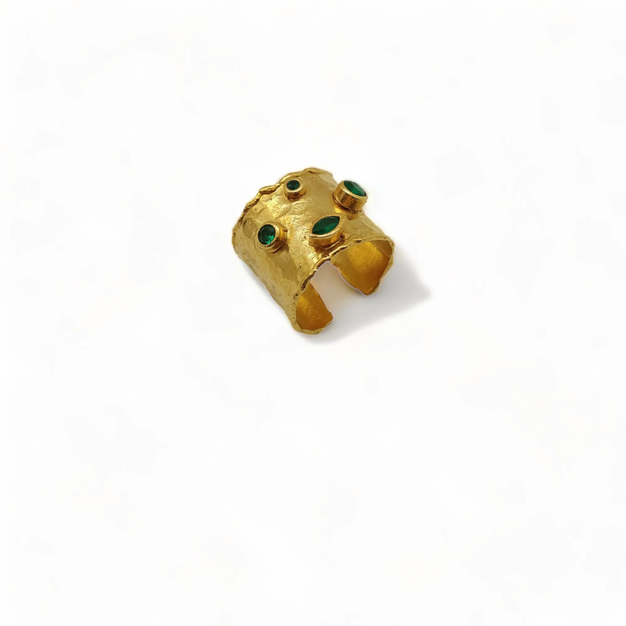 Gold-Plated Cuff Ring with Emerald CZ Stones | Adjustable Handmade Jewelry | Elegant Green Gemstone Ring