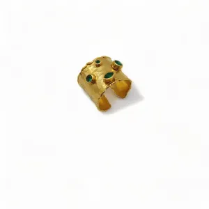 Gold-Plated Cuff Ring with Emerald CZ Stones | Adjustable Handmade Jewelry | Elegant Green Gemstone Ring