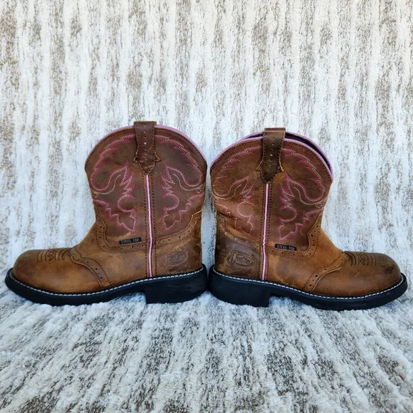 Justin &quot;Wanette&quot; Steel Toe Brown Leather Cowboy Western Boot | Women's Size 9.5B