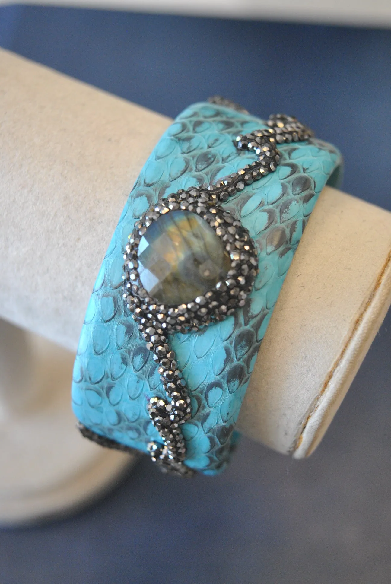 LEATHER COLLECTION - TURQUOISE LEATHER AND LABARDAORITE WITH SWAROVSKI CRYSTALS CUFF BRACELET