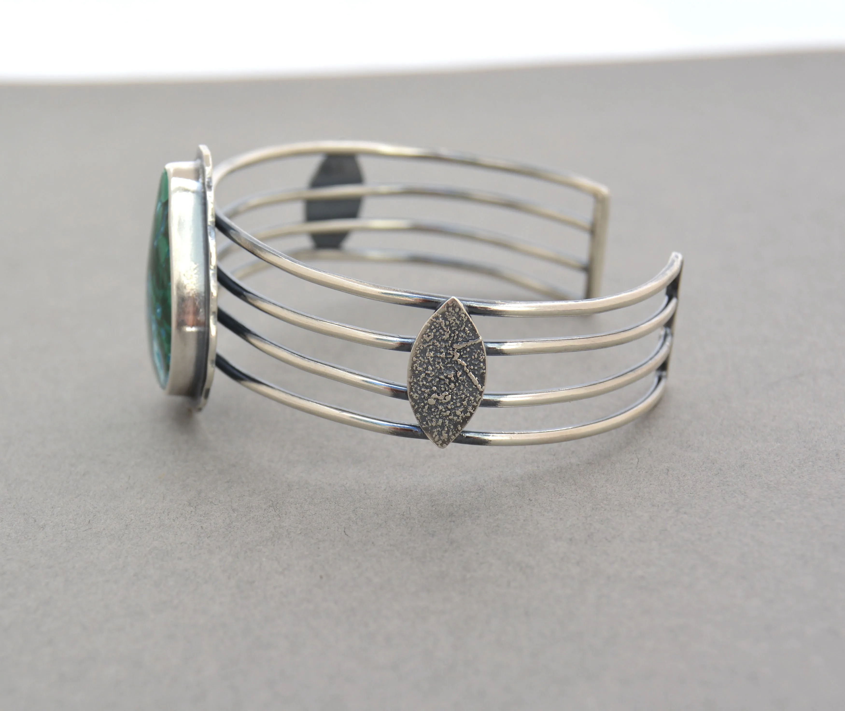 Malachite Chrysocolla and Silver Wide Linear Cuff.