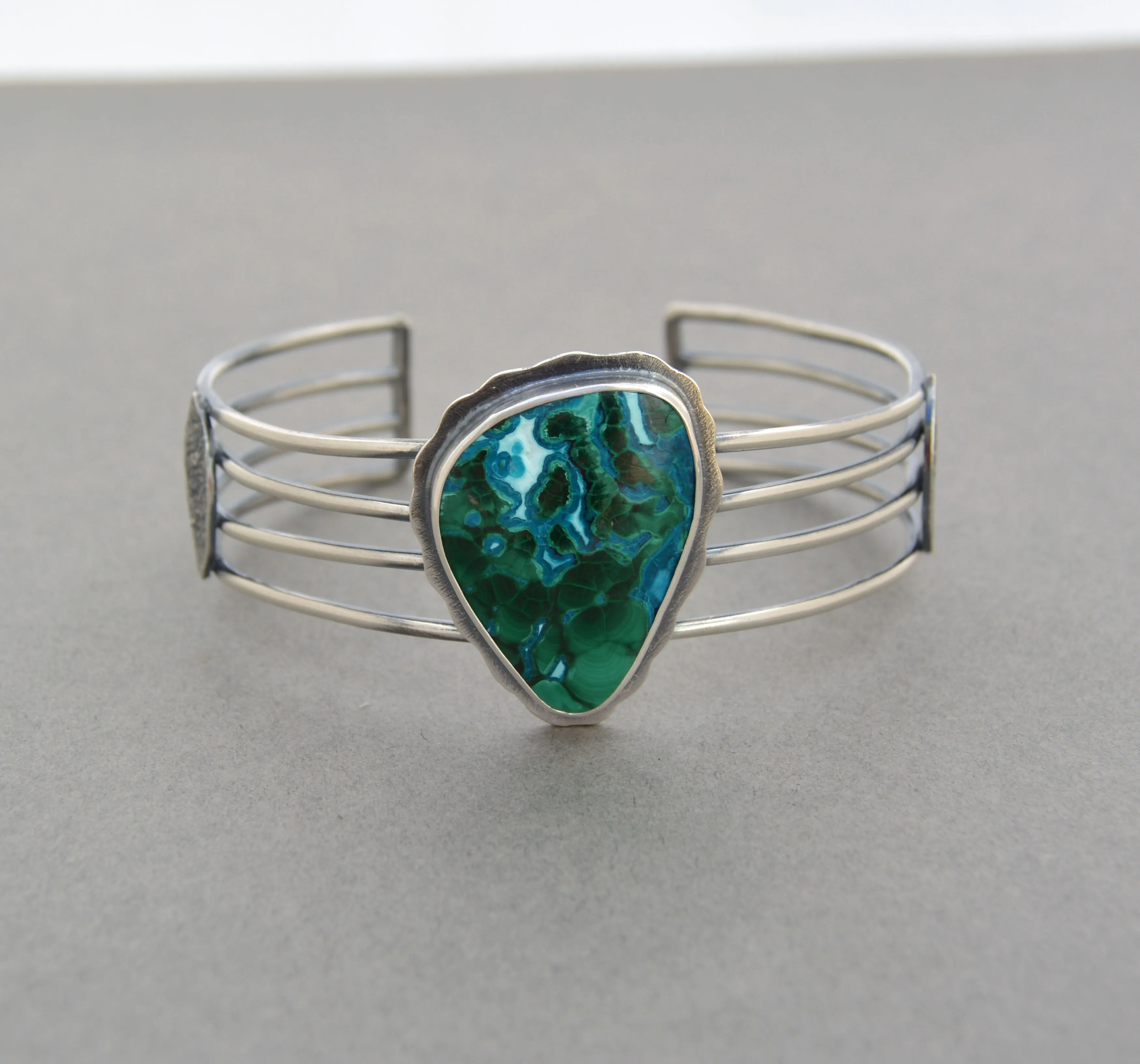 Malachite Chrysocolla and Silver Wide Linear Cuff.