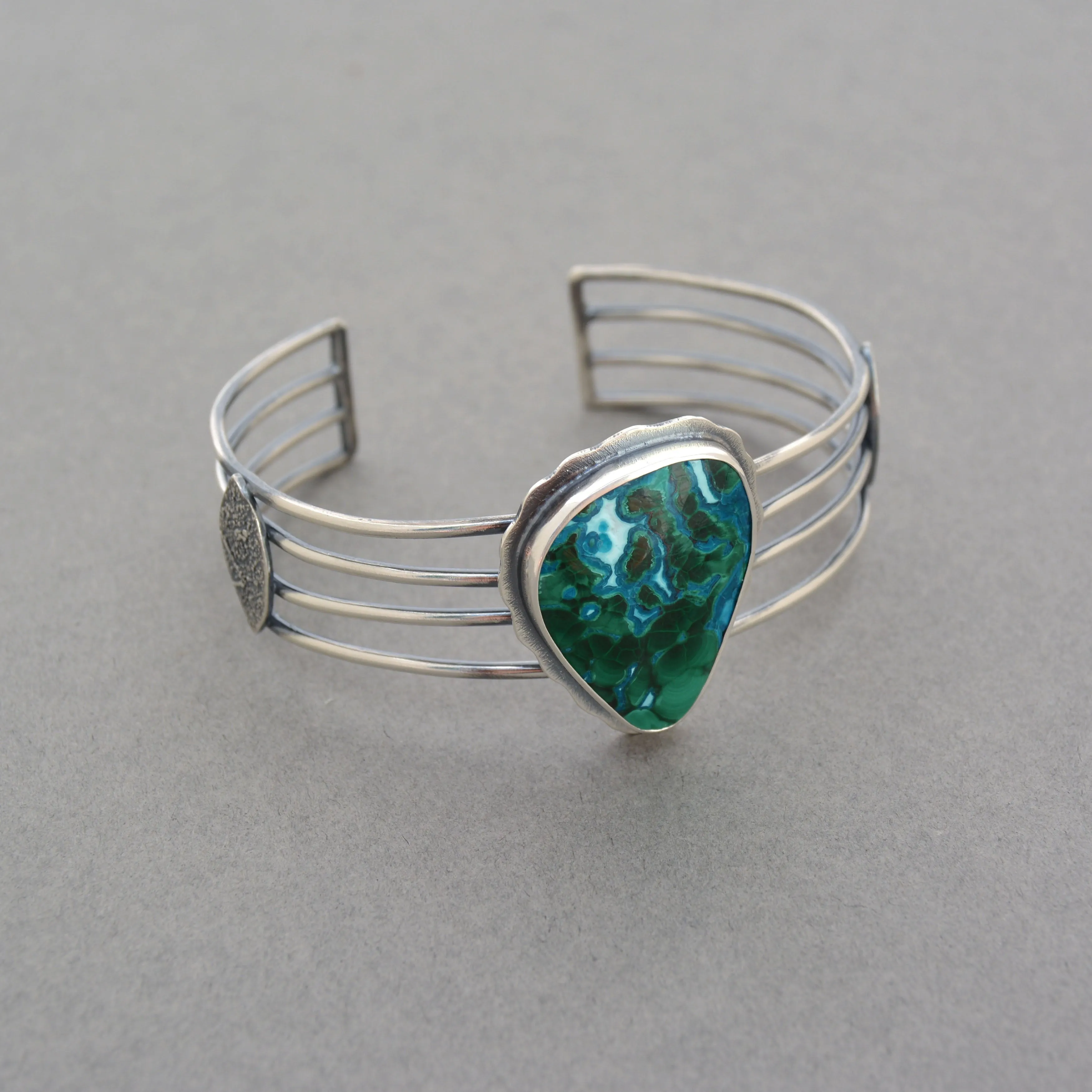 Malachite Chrysocolla and Silver Wide Linear Cuff.