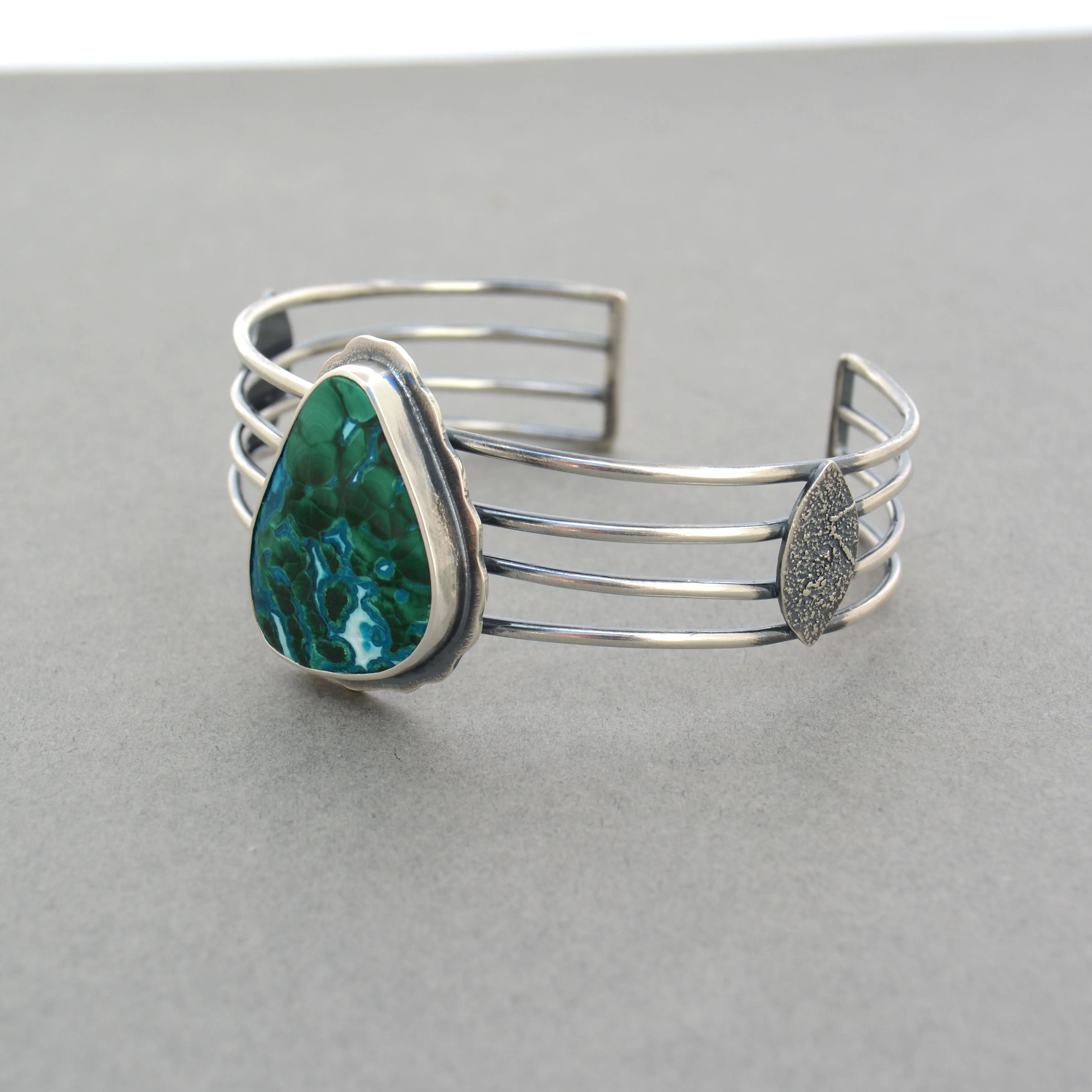 Malachite Chrysocolla and Silver Wide Linear Cuff.