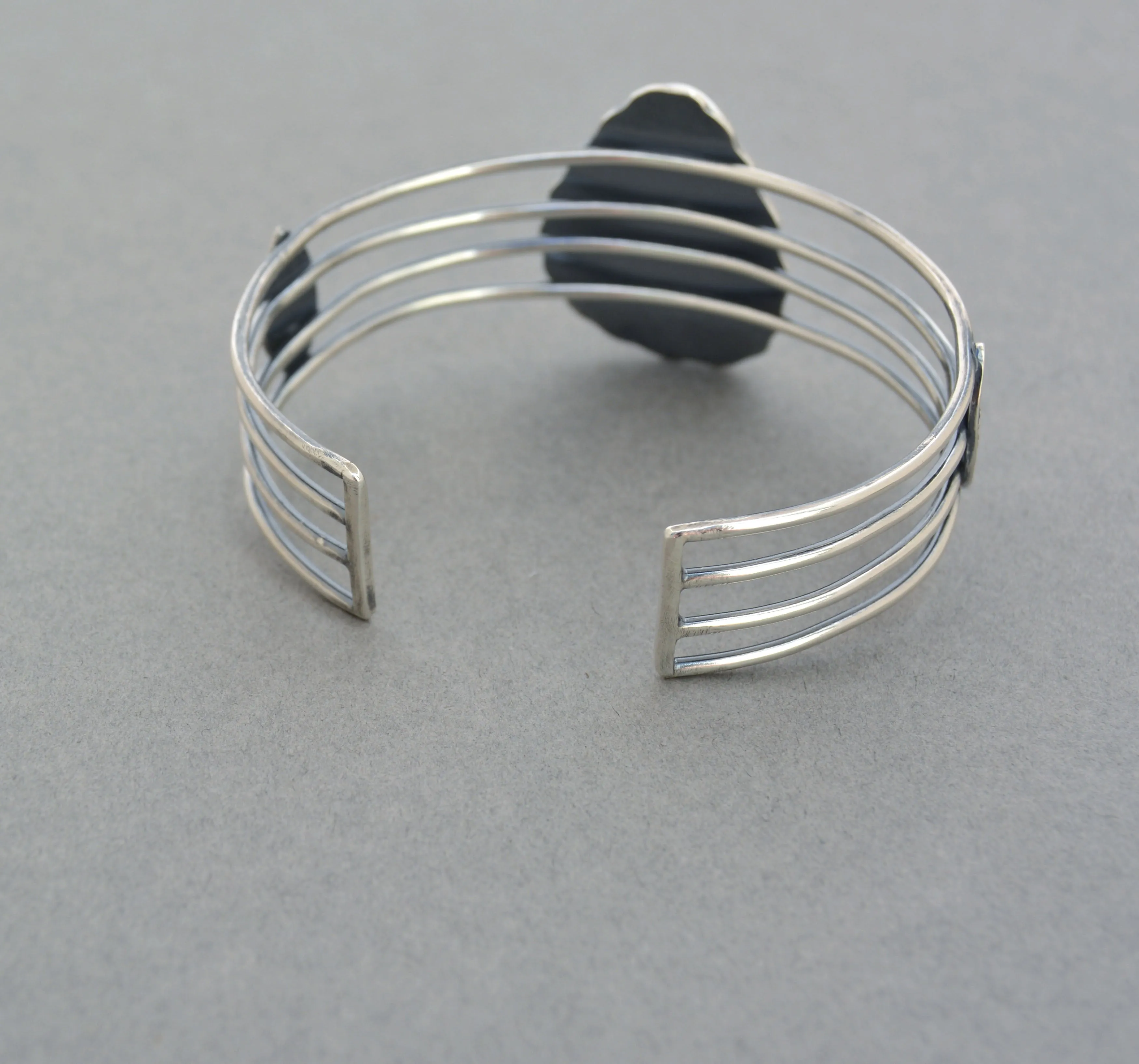 Malachite Chrysocolla and Silver Wide Linear Cuff.