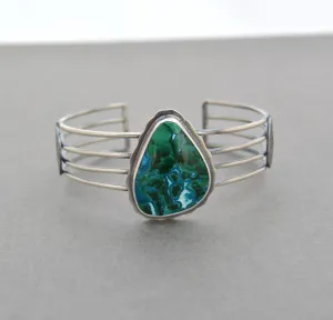 Malachite Chrysocolla and Silver Wide Linear Cuff.