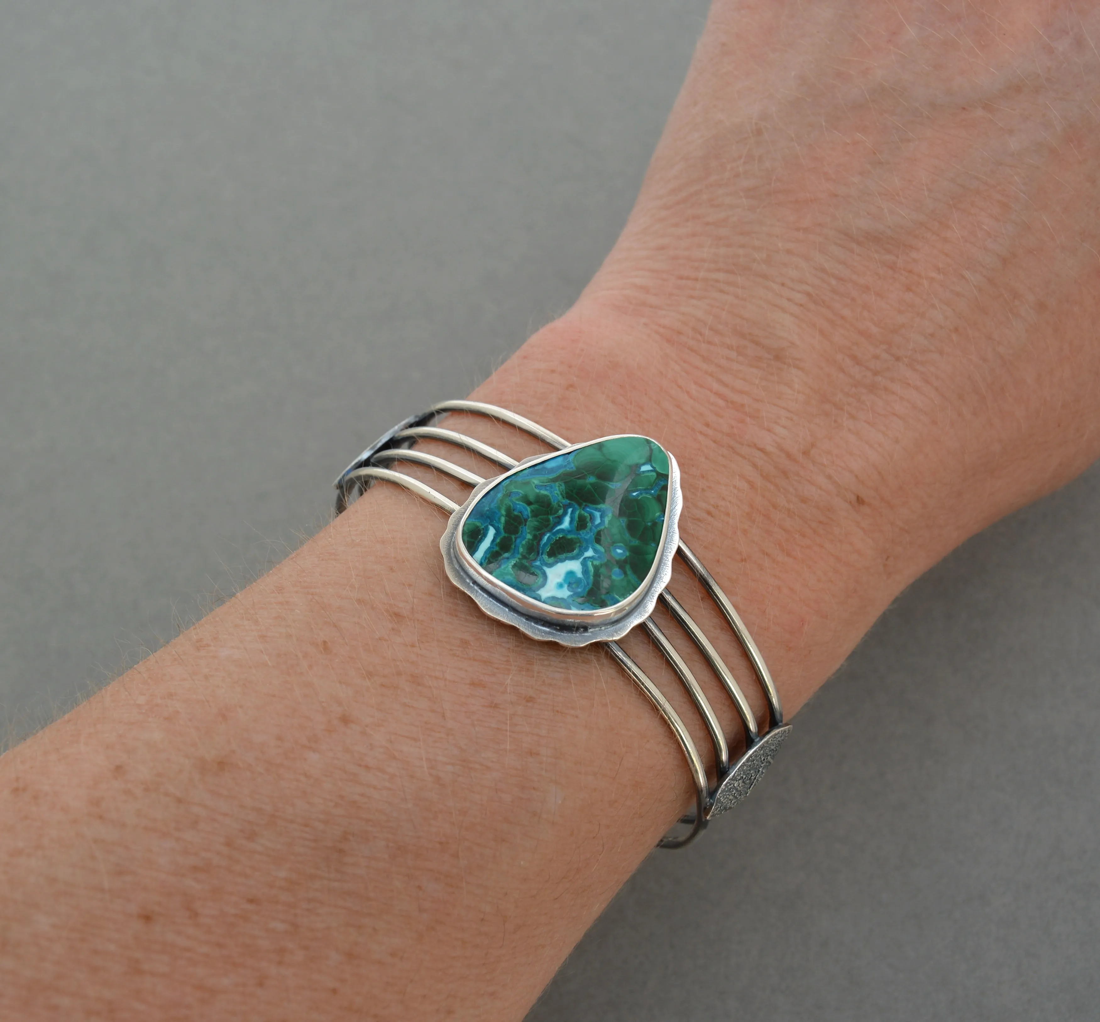 Malachite Chrysocolla and Silver Wide Linear Cuff.