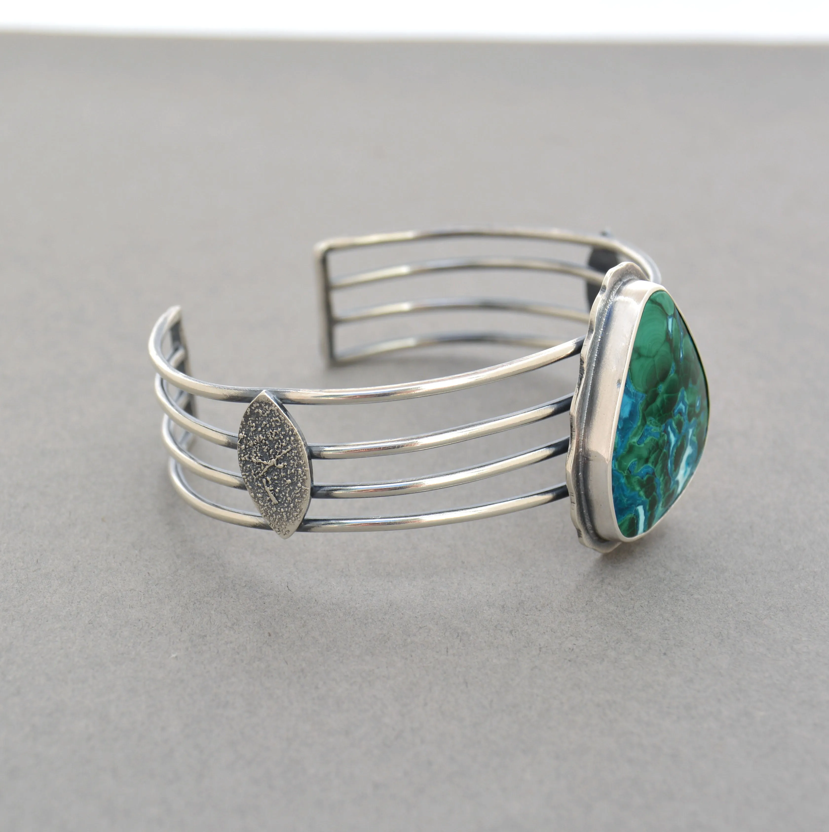 Malachite Chrysocolla and Silver Wide Linear Cuff.