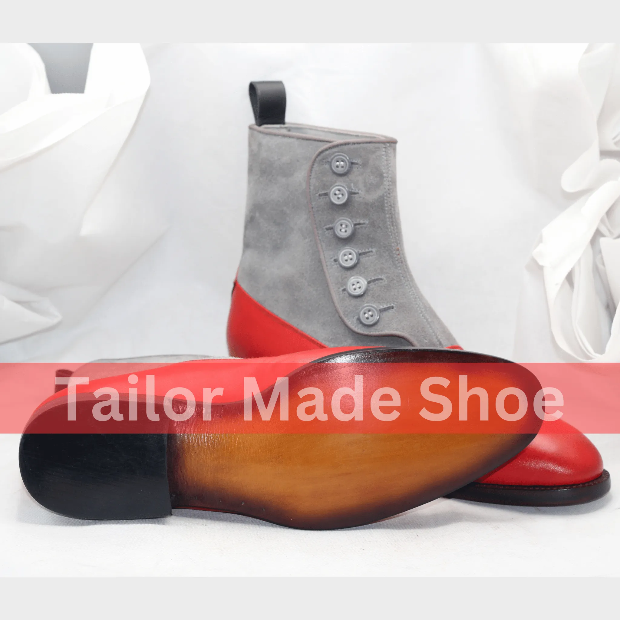 Men's Two-Tone Button Boots – Red Leather & Gray Suede High-End Buttoned Leather Boots Handcrafted Men's Button Boots