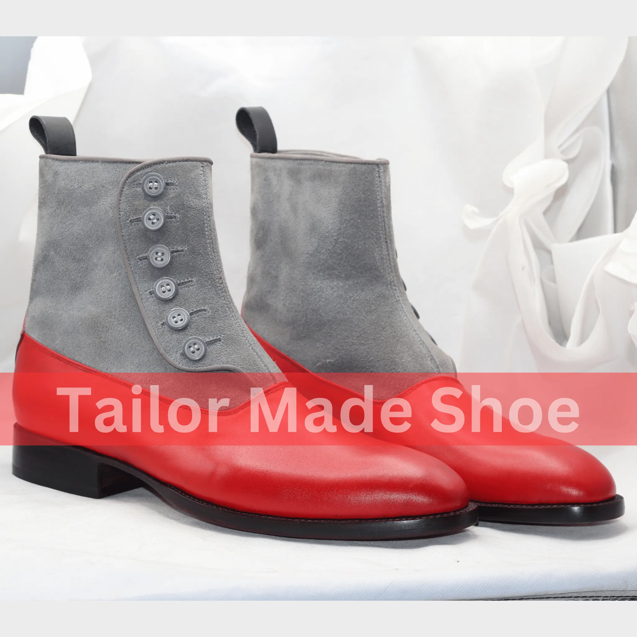 Men's Two-Tone Button Boots – Red Leather & Gray Suede High-End Buttoned Leather Boots Handcrafted Men's Button Boots