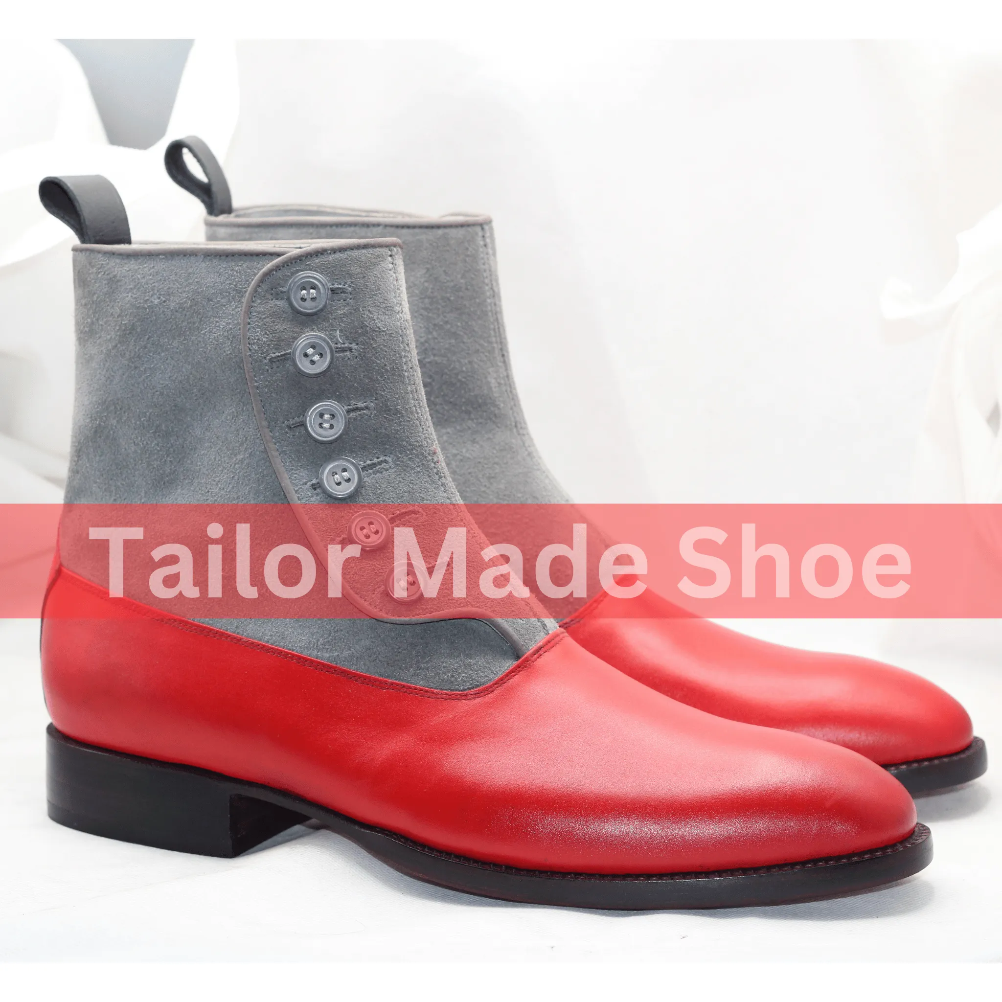 Men's Two-Tone Button Boots – Red Leather & Gray Suede High-End Buttoned Leather Boots Handcrafted Men's Button Boots