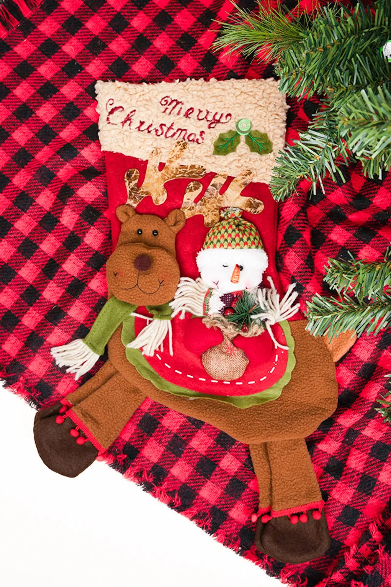 Merry Christmas Snowman and Reindeer Fabric Stocking, 17"